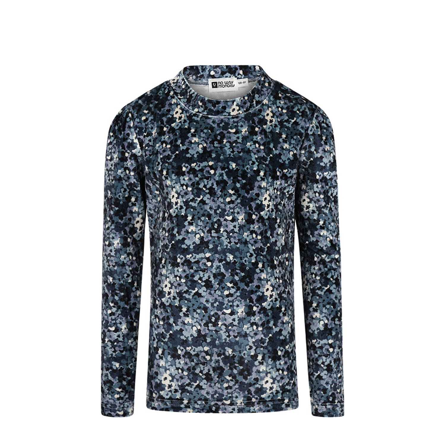 No Way Monday longsleeve met all over print blauw donkerblauw ecru