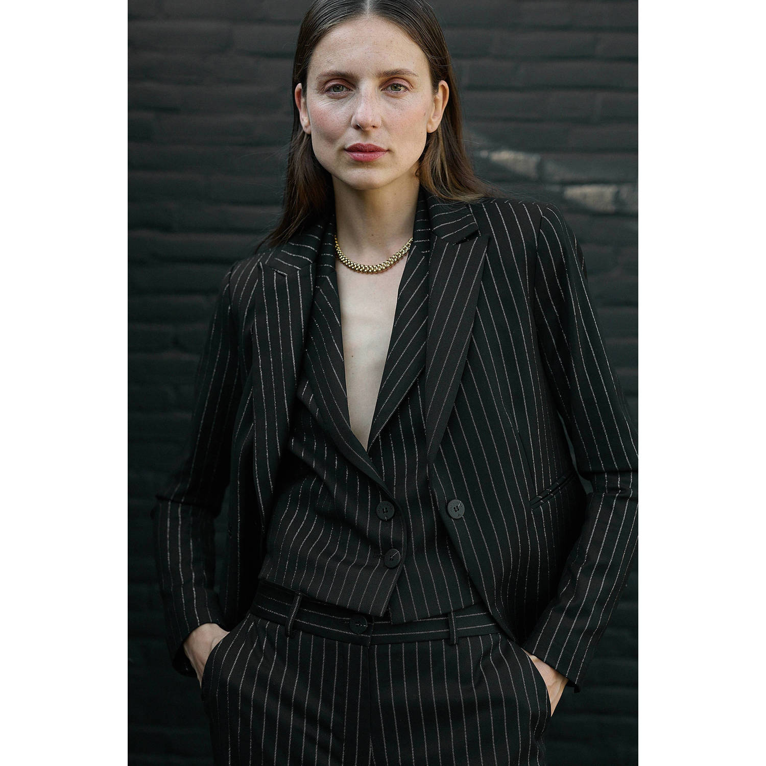 Jane Lushka getailleerde blazer Elvira met krijtstreep zwart wit