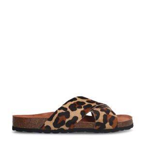 leren slippers met panterprint beige