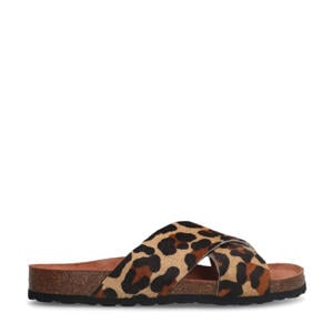 leren slippers met panterprint beige