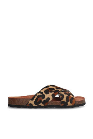 leren slippers met panterprint beige