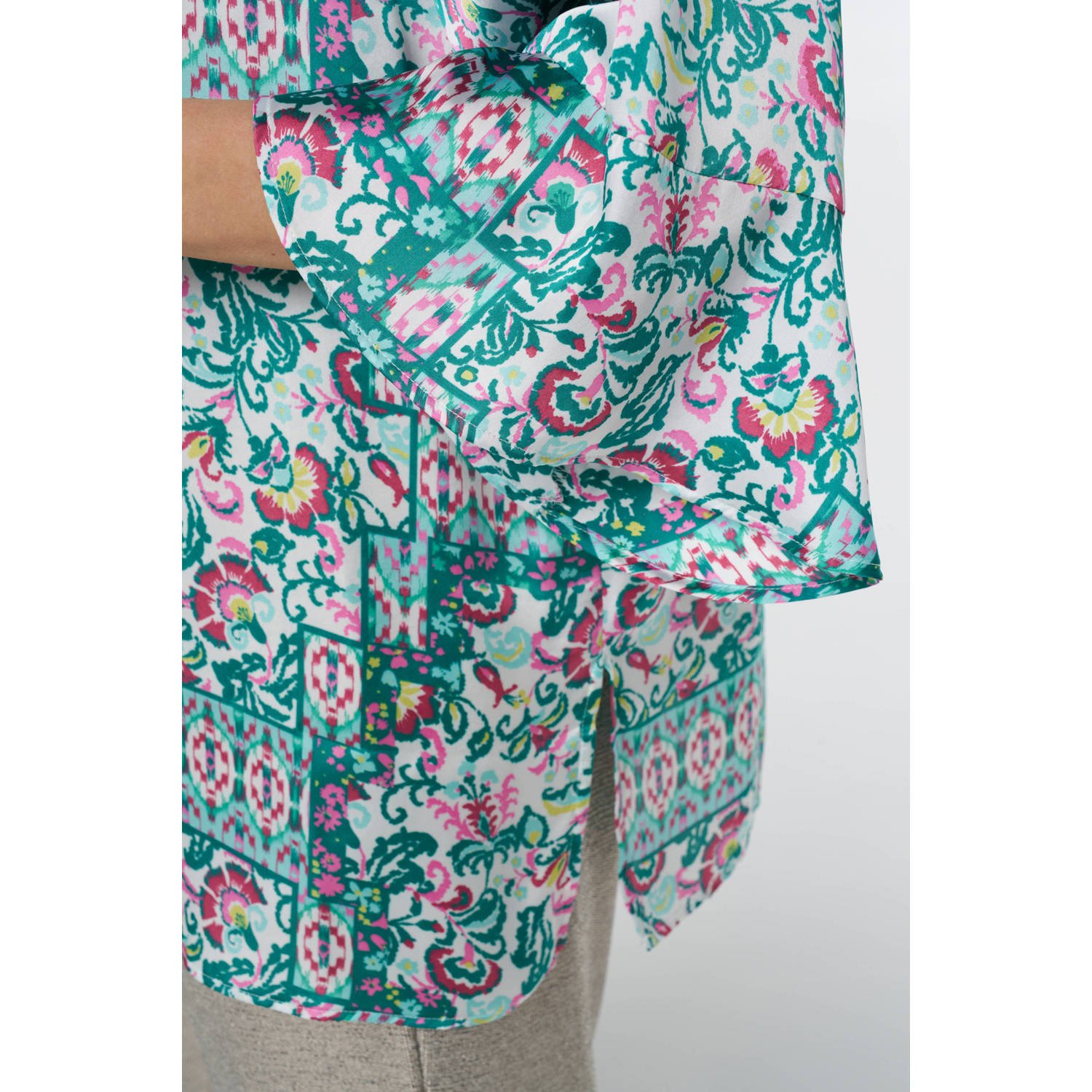 MS Mode kimono met all over print groen ecru roze