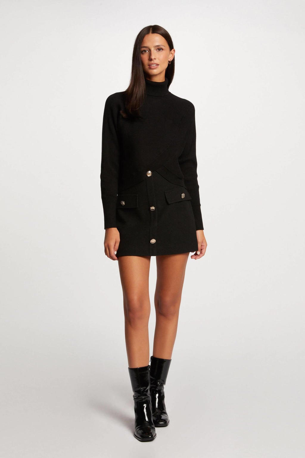 Zwarte dames Morgan cropped trui van viscose met effen, lange mouwen en opstaande kraag