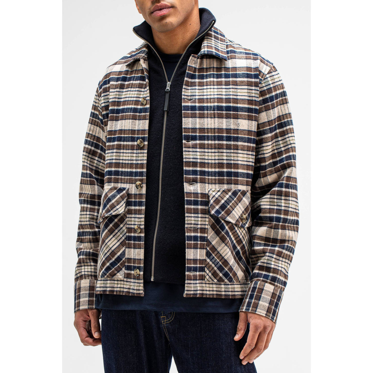 Butcher of Blue geruit flanellen overshirt Folsum pepper brown