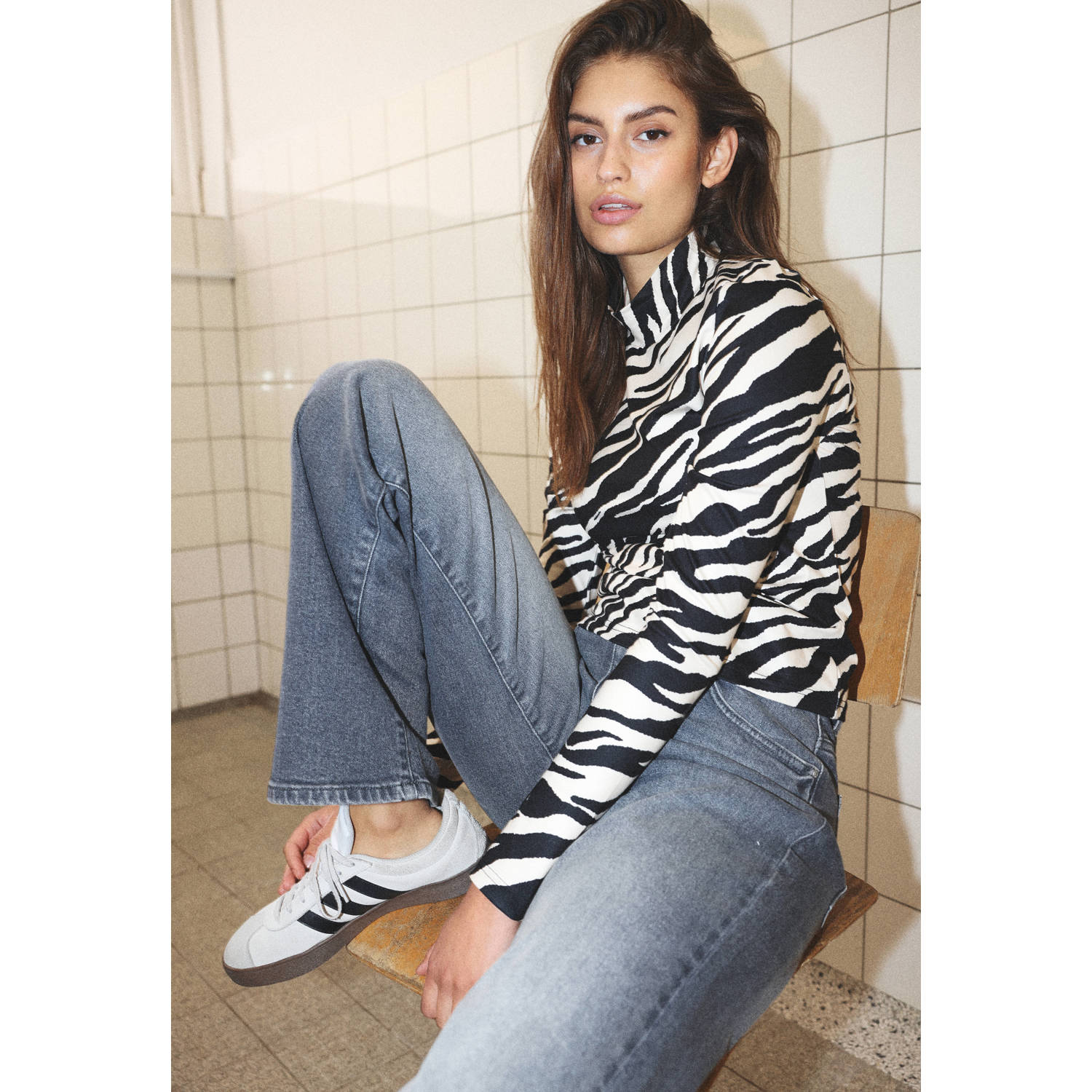 NOISY MAY top met zebraprint zwart wit
