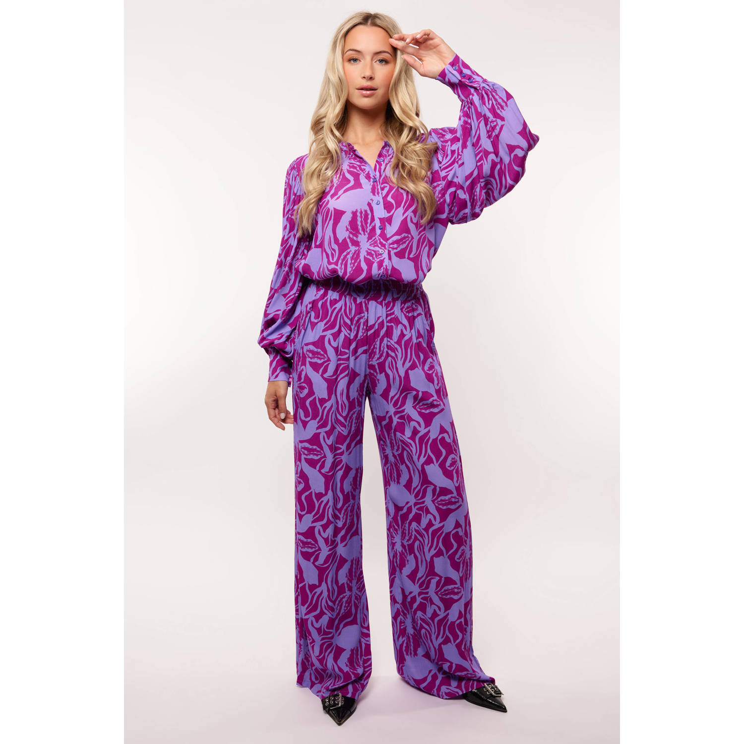 FLURESK gebloemde high waist straight fit broek lila