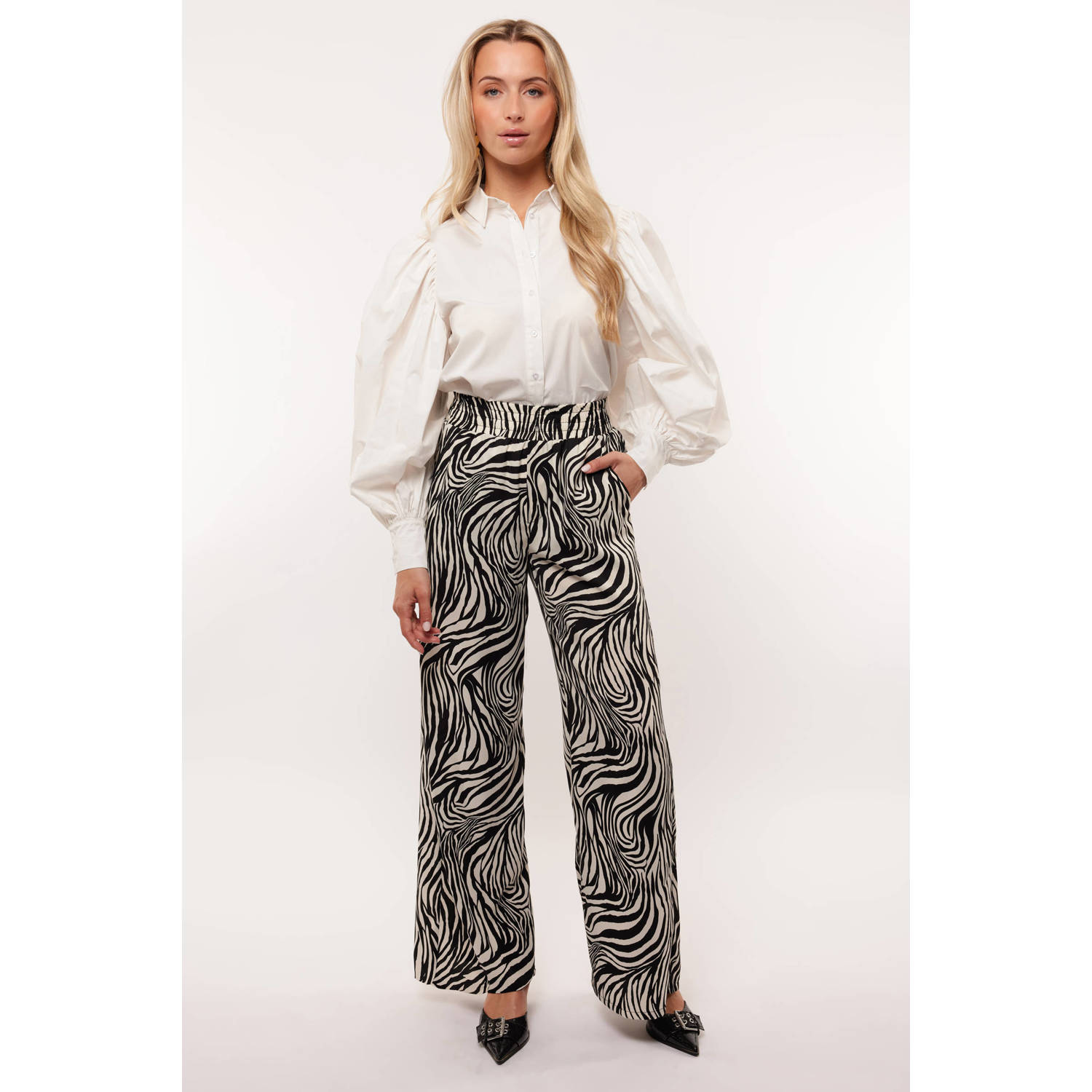 FLURESK high waist wide leg broek Zora met zebraprint zwart wit