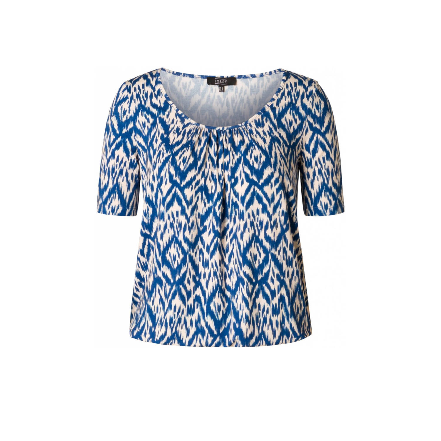 ES&SY top met all over print en plooien blauw ecru