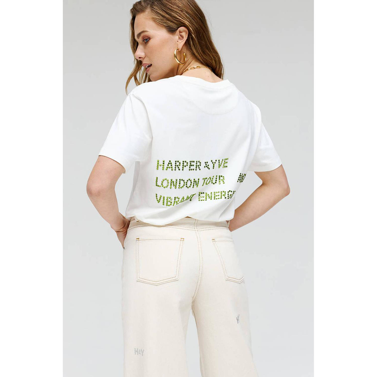 HARPER & YVE T-shirt met tekst en strass steentjes wit groen
