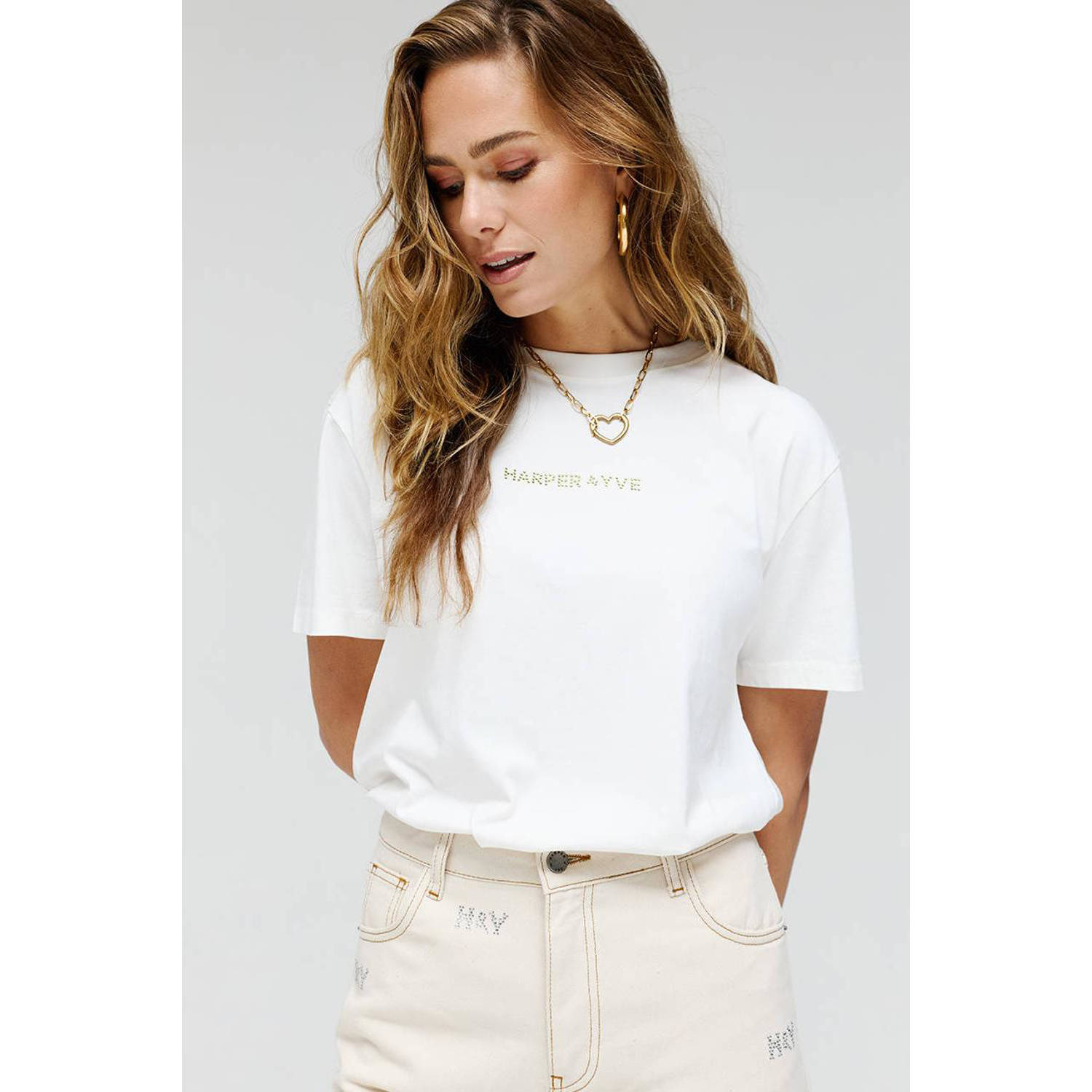 HARPER & YVE T-shirt met tekst en strass steentjes wit groen