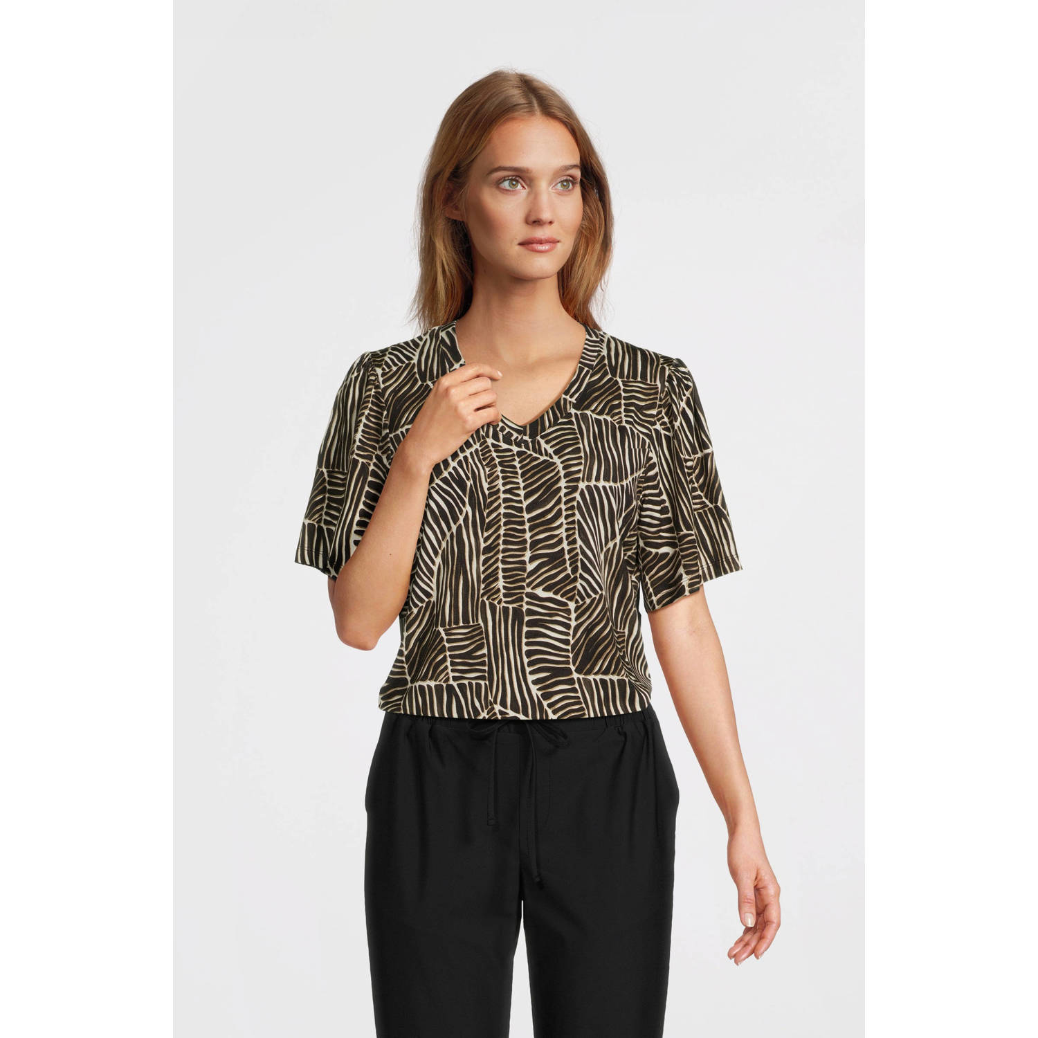 Geisha top met all over print bruin ecru
