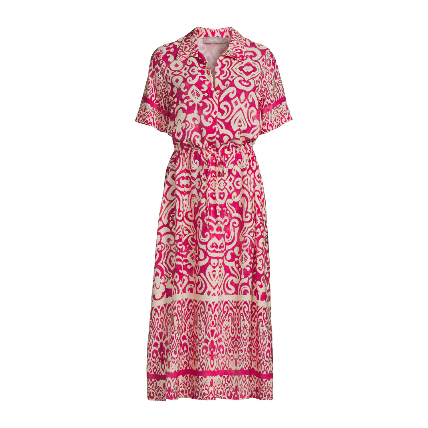 Geisha jurk met all over print en ceintuur roze ecru