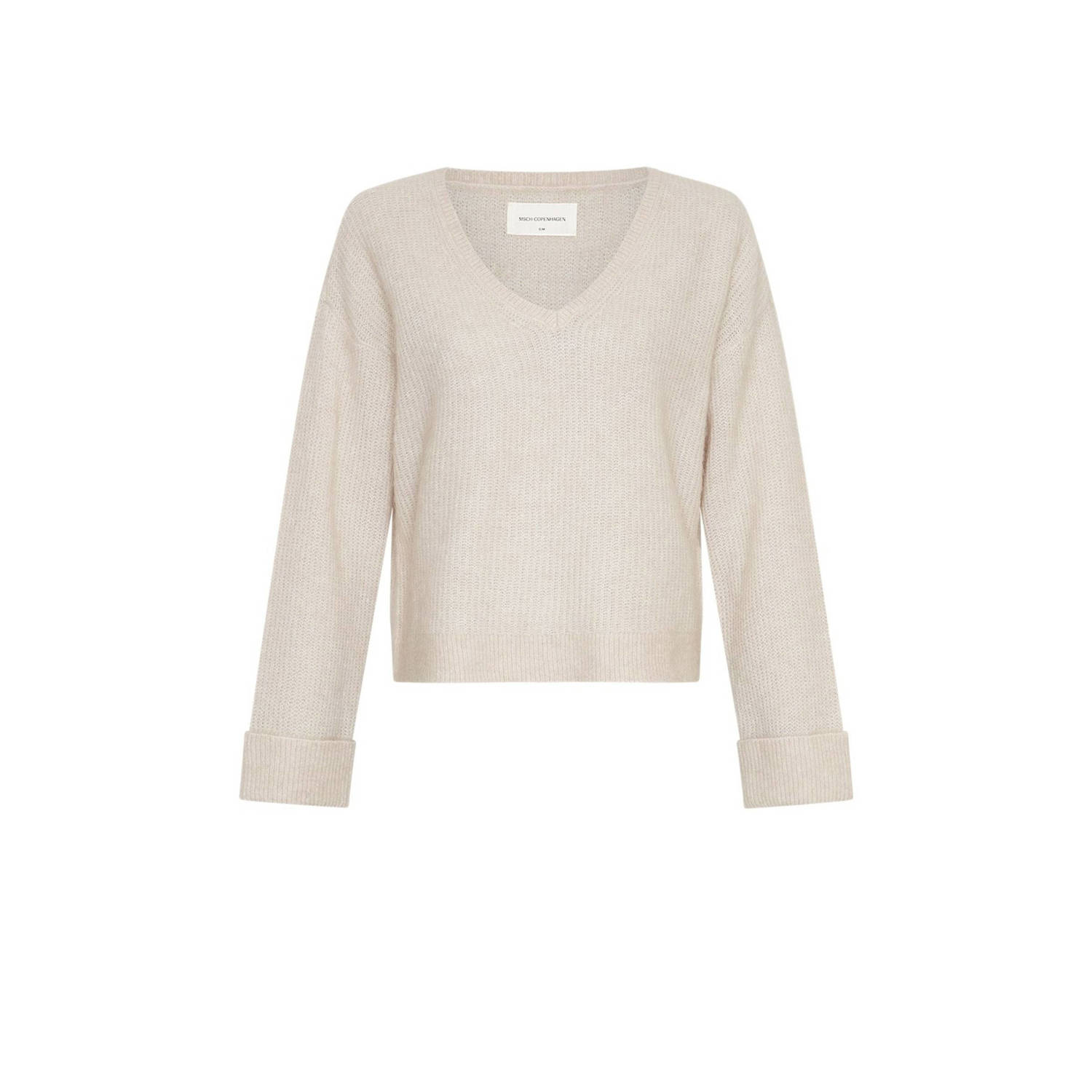 Moss copenhagen Beige Gebreide V-hals Trui met Omgeslagen Mouw Evonna Nenaya Beige Dames