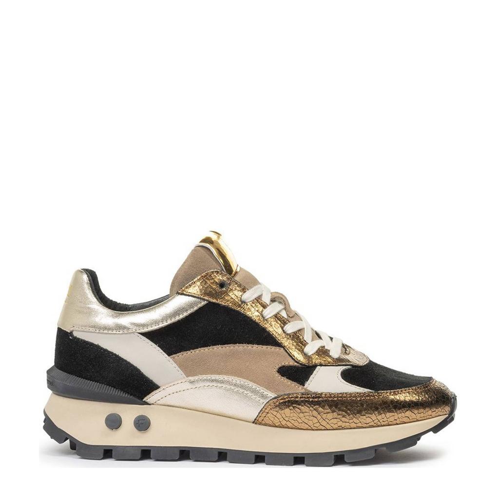 Donkerblauwe dames Floris van Bommel Blokki 04.00 leren sneakers van craquele met veters
