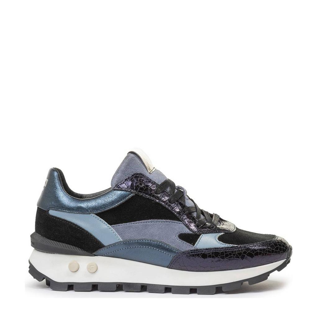 Donkerblauwe dames Floris van Bommel Blokki 04.01 leren sneakers van craquele met veters