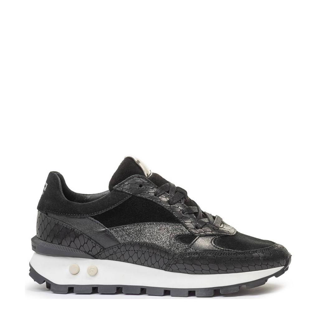 Zwarte dames Floris van Bommel Blokki 04.03 leren sneakers van craquele met veters