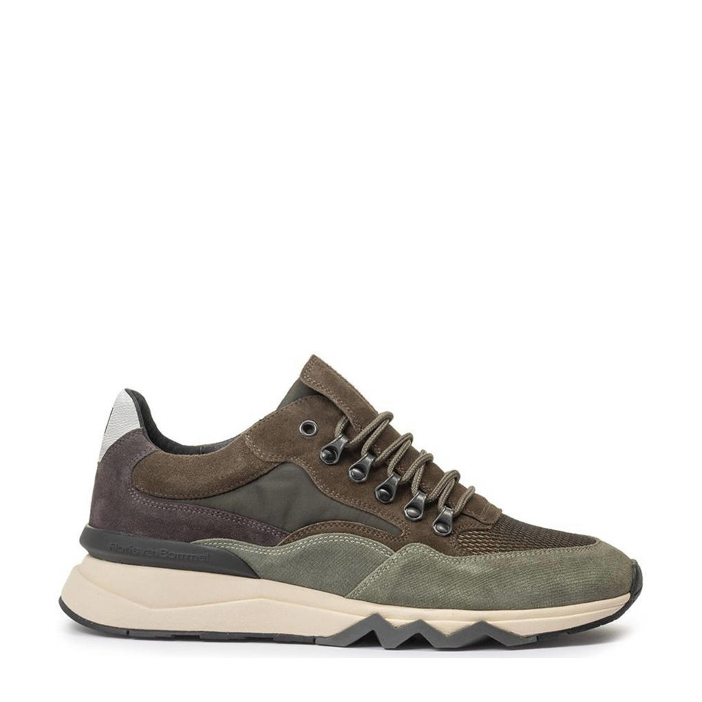 Donkergroene heren Floris van Bommel De Zager 01.19 suède sneakers van nubuck met veters en effen