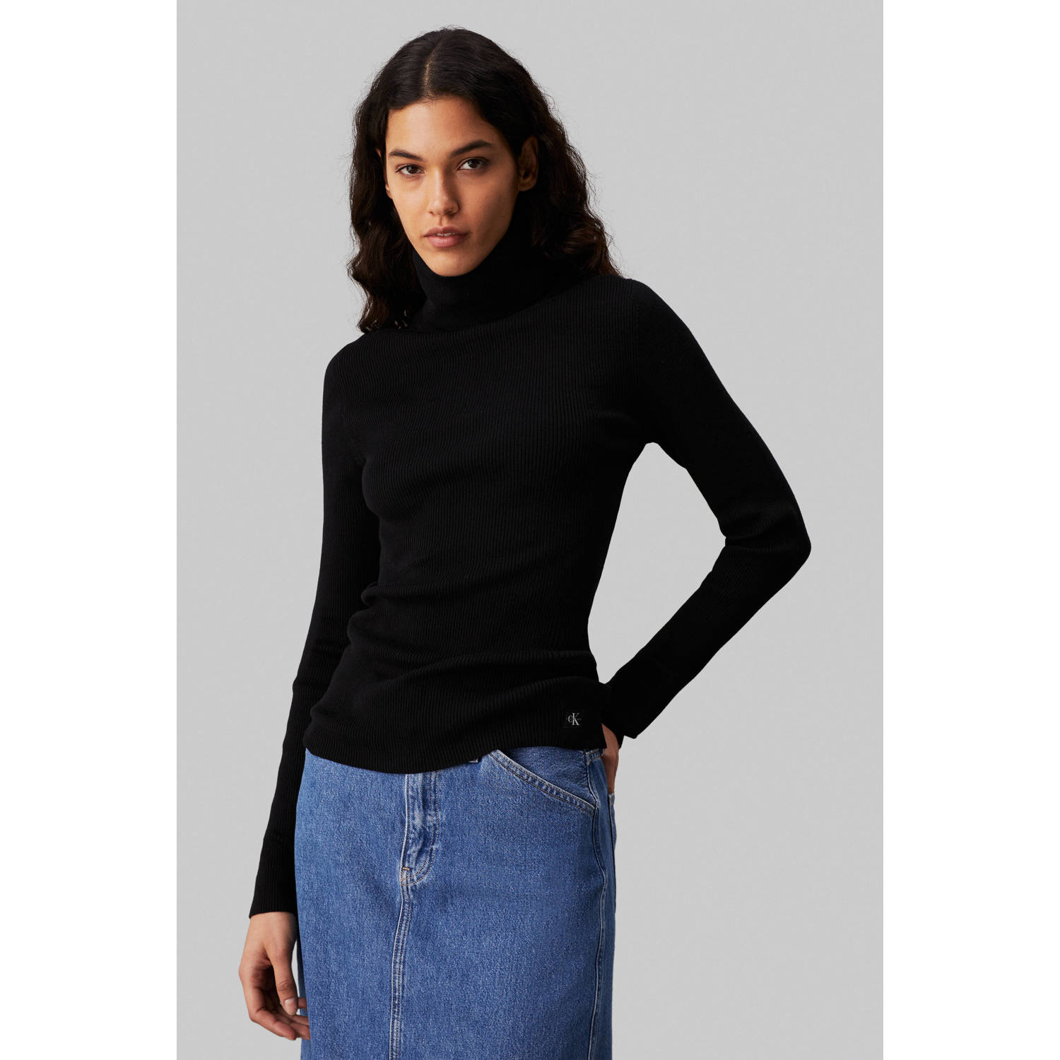 CALVIN KLEIN Dames Truien & Vesten Woven Label Roll Neck Sweater Zwart