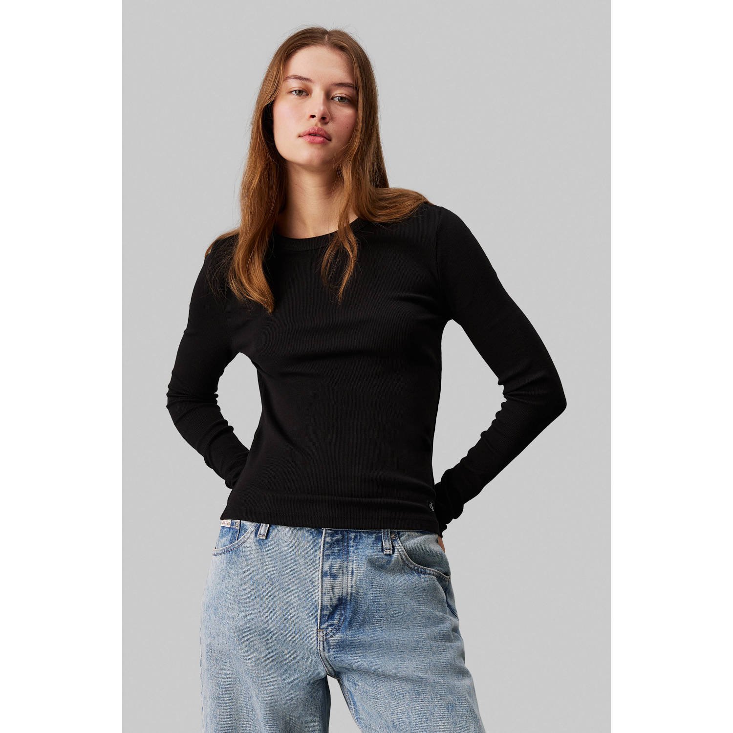 CALVIN KLEIN Dames Tops & T-shirts Woven Label Rib Long Sleeve Zwart