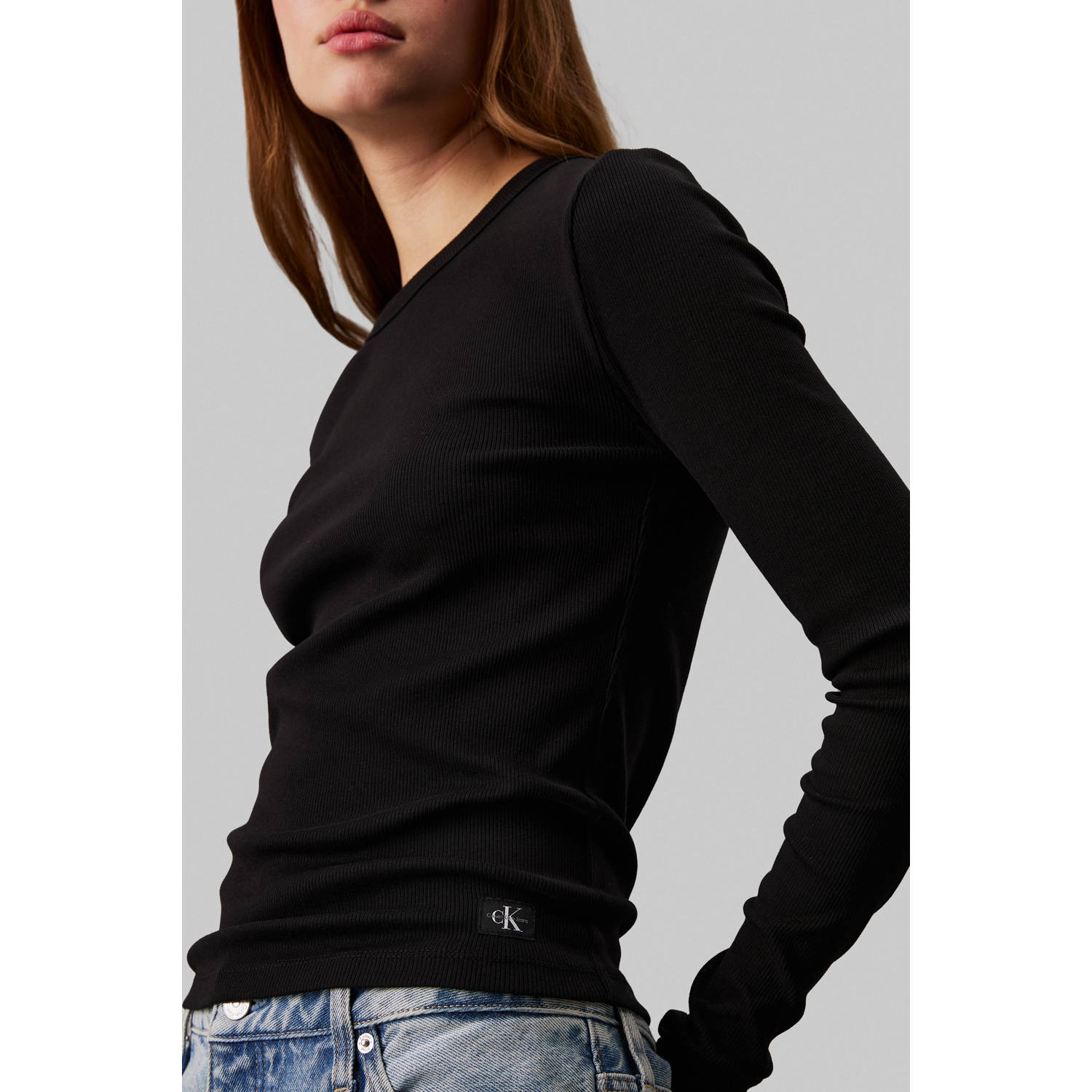 CALVIN KLEIN Dames Tops & T-shirts Woven Label Rib Long Sleeve Zwart