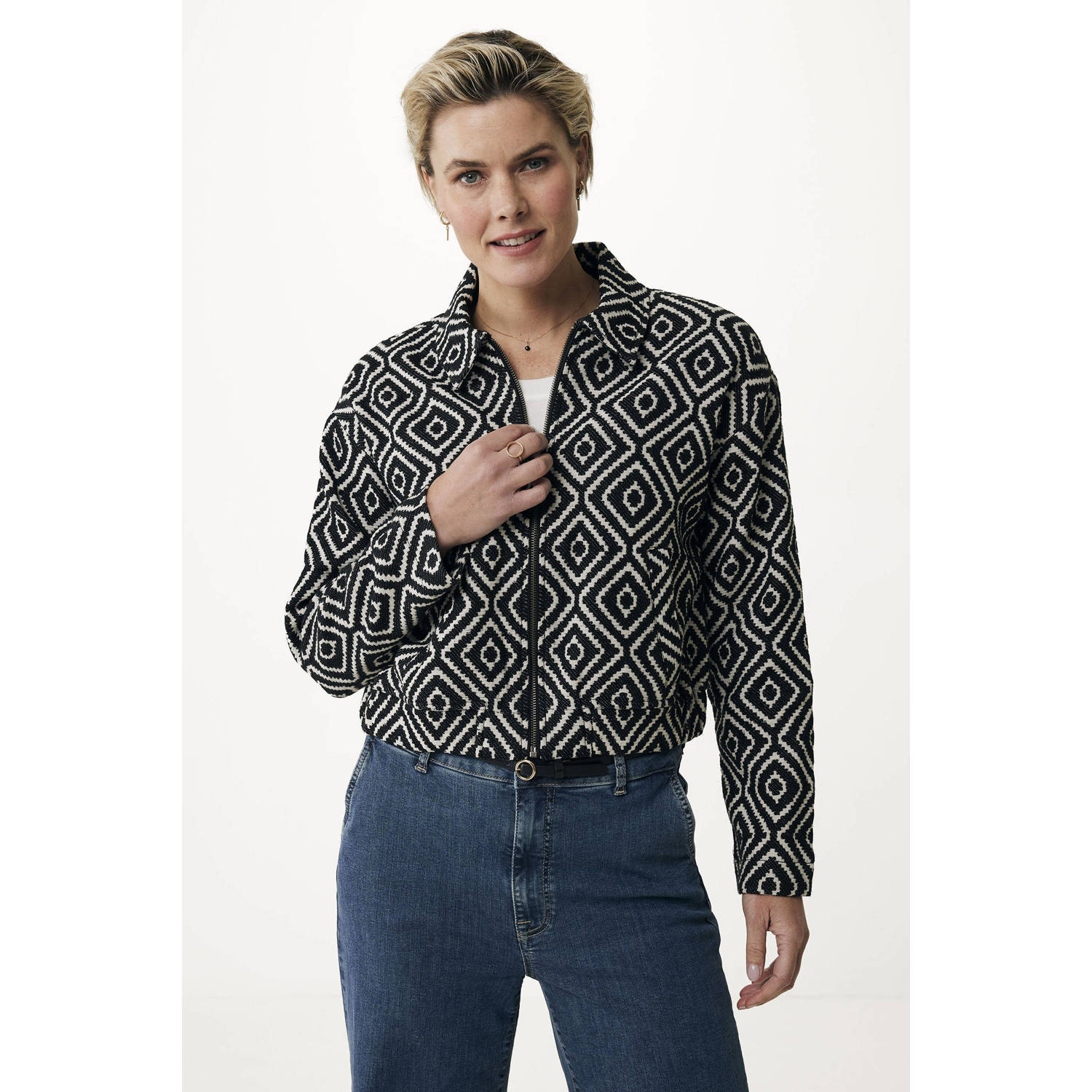 Mexx jas Zip front jacket met grafische print zwart beige