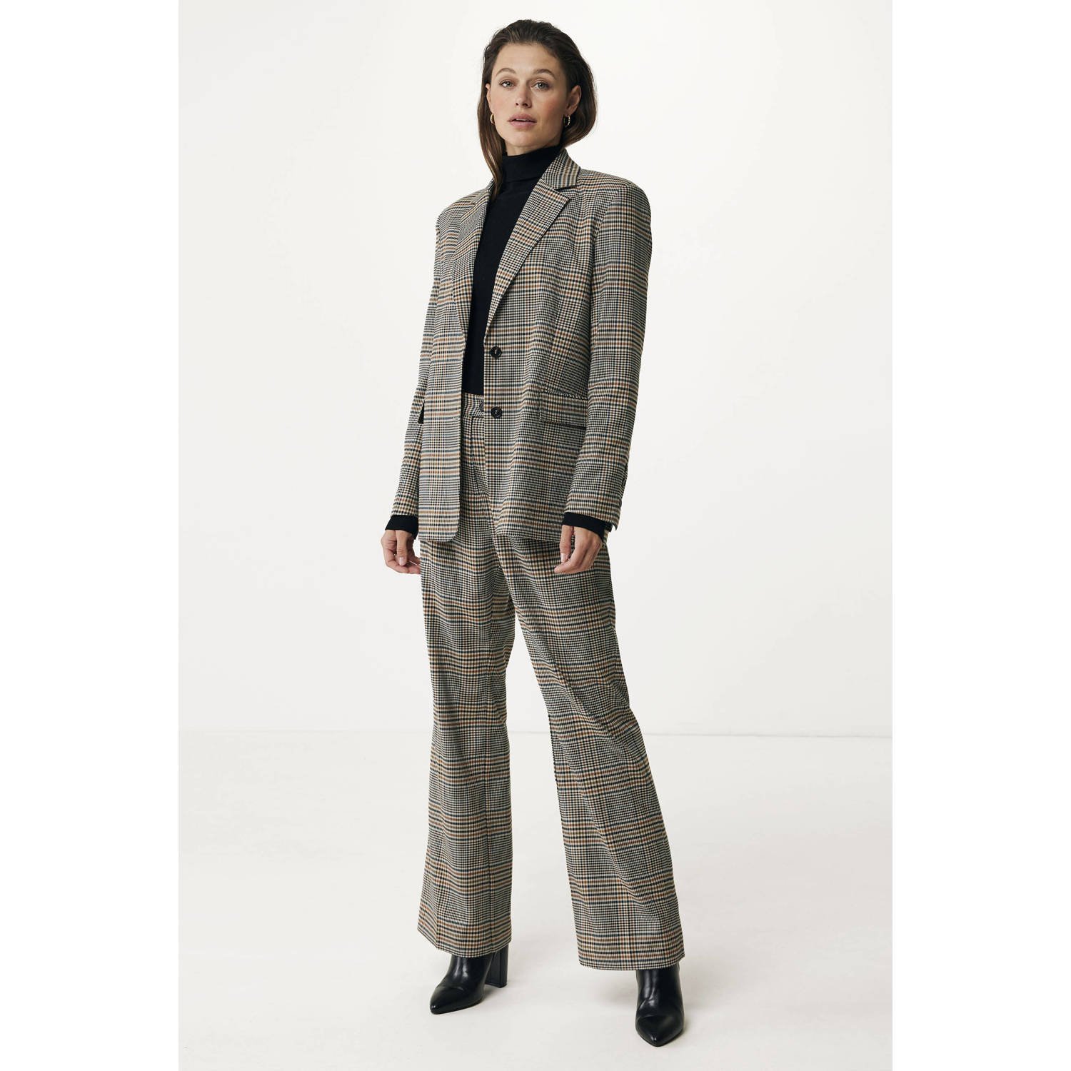 Mexx geruite flared broek Slim flared trousers in check grijs zwart bruin