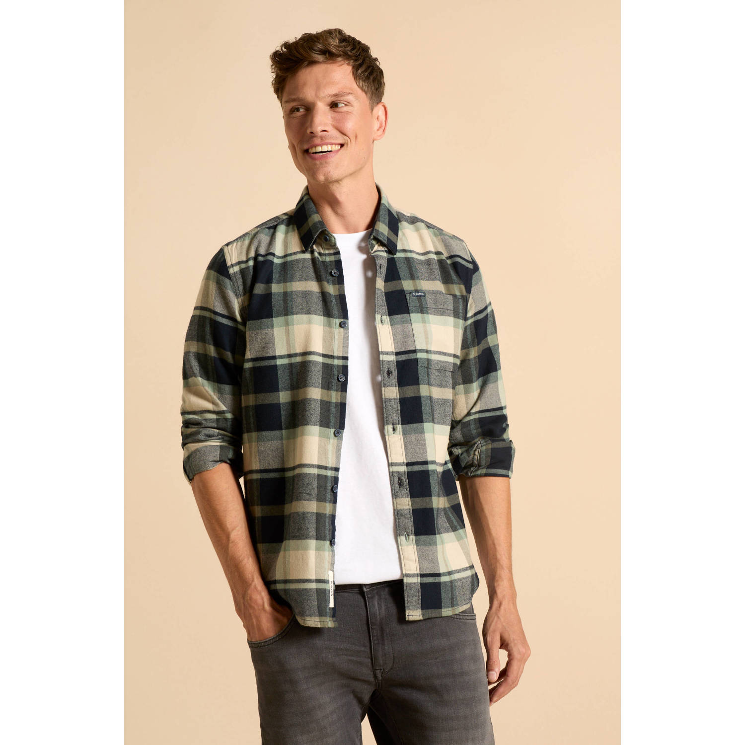 Garcia geruit regular fit overhemd sage green