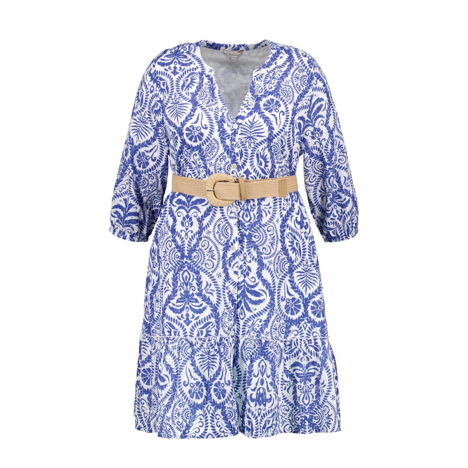 MS Mode jurk met all over print en ceintuur blauw wit