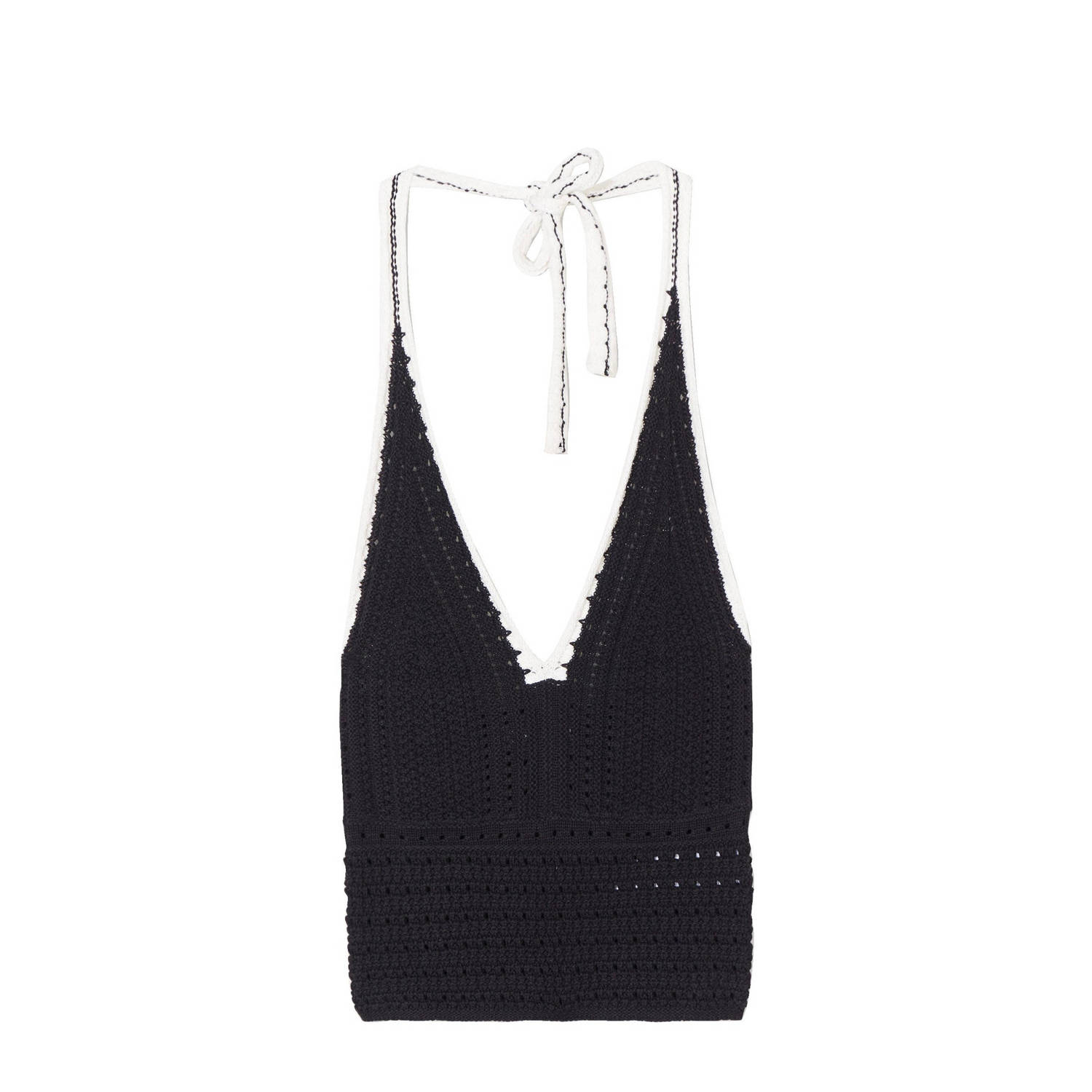 Cache gehaakte crochet haltertop met contrastbies zwart wit