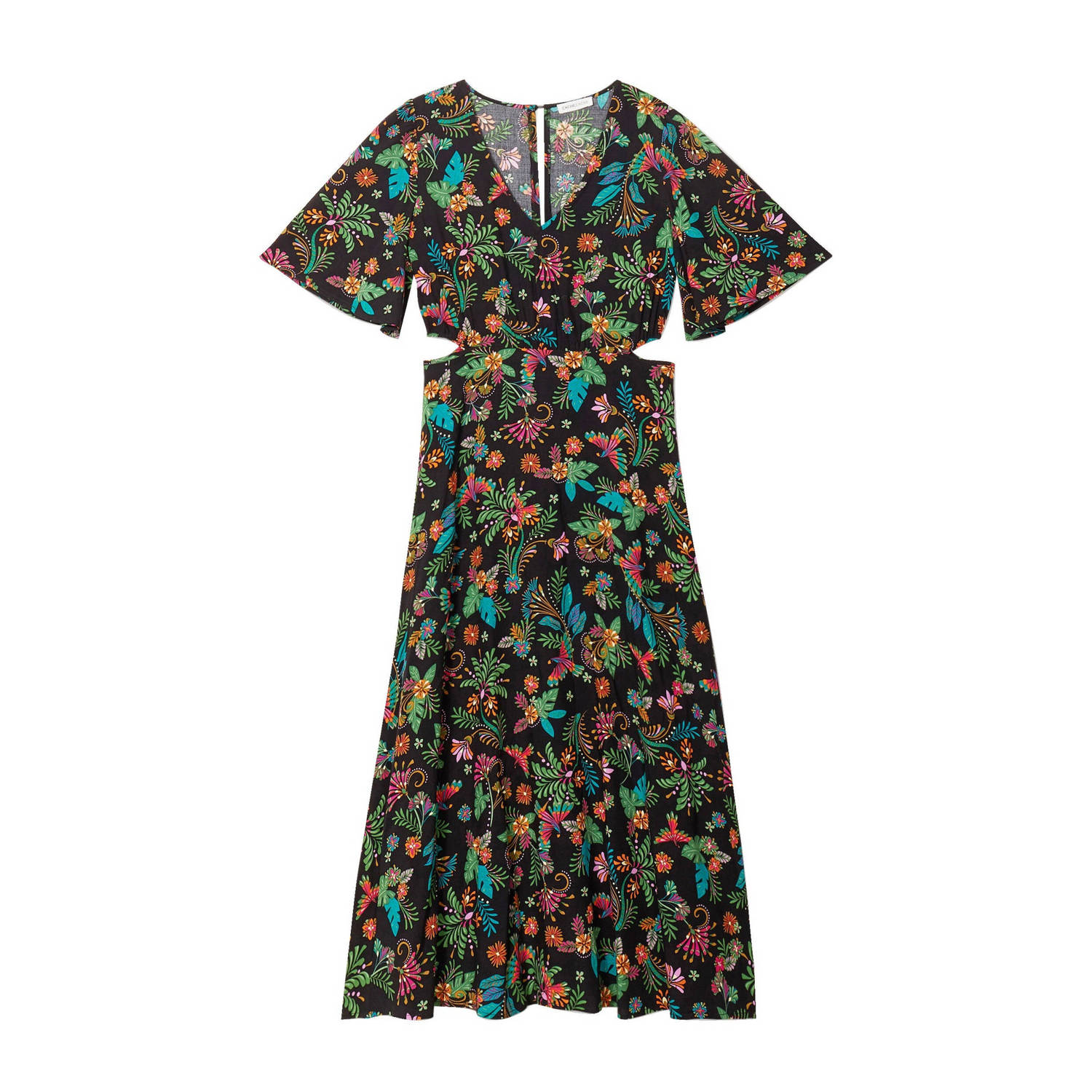 Cache jurk met all over print en open detail zwart groen roze