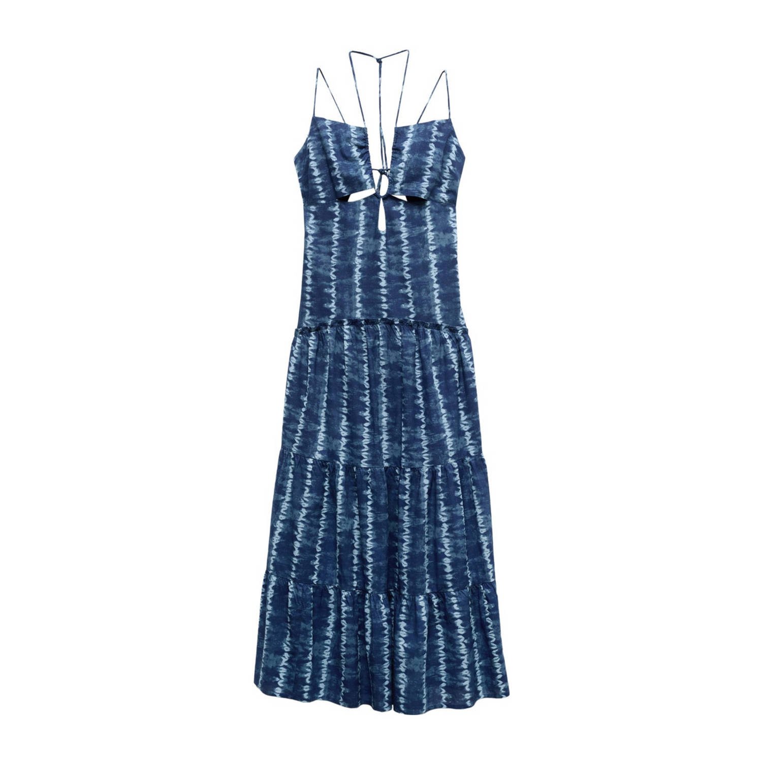 Mango Kids maxi A-lijn jurk met all over print met open rug blauw wit Meisjes Katoen Ronde hals 152(XXS)