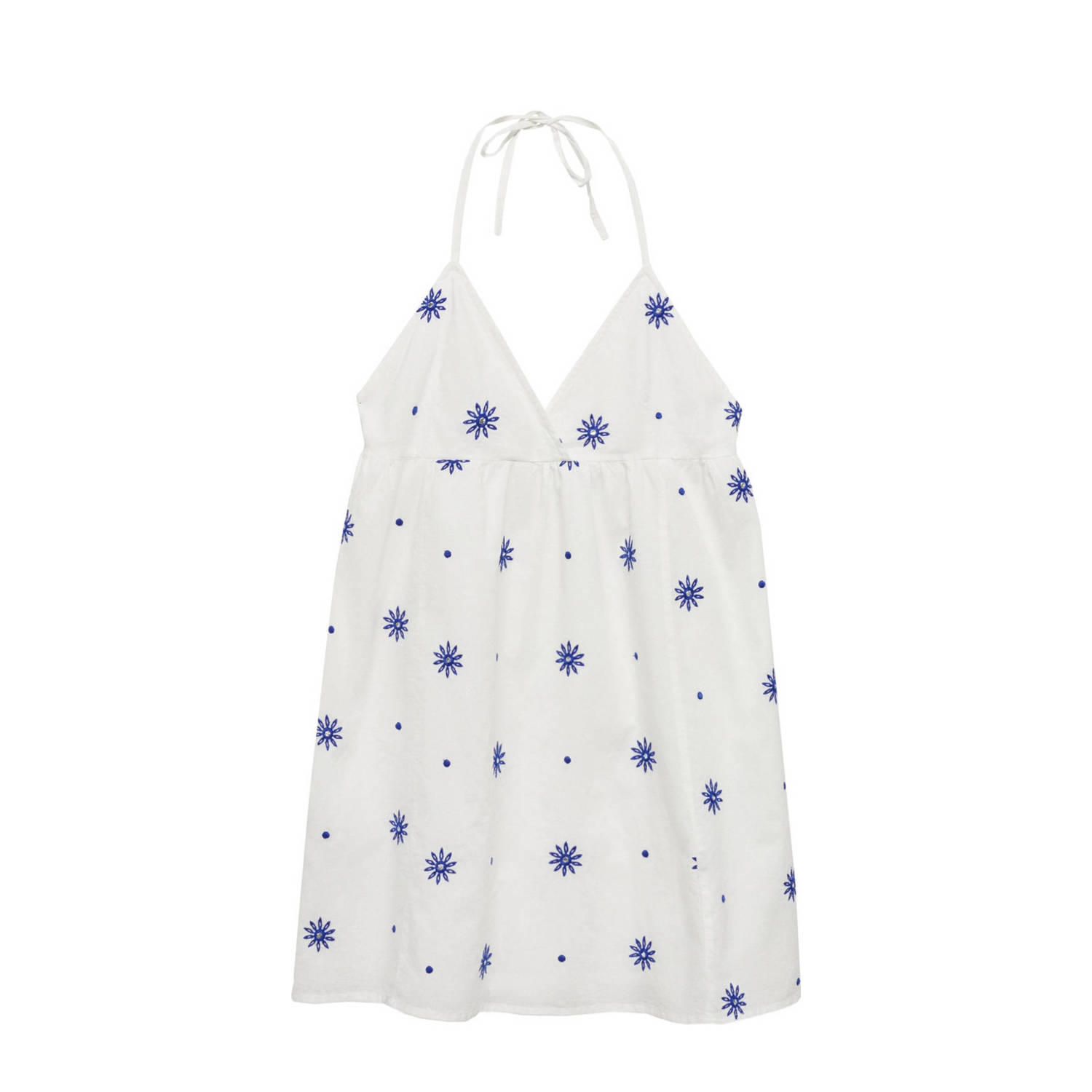 Mango Kids gebloemde A-lijn jurk wit hardblauw Meisjes Katoen V-hals Bloemen 152(XXS)