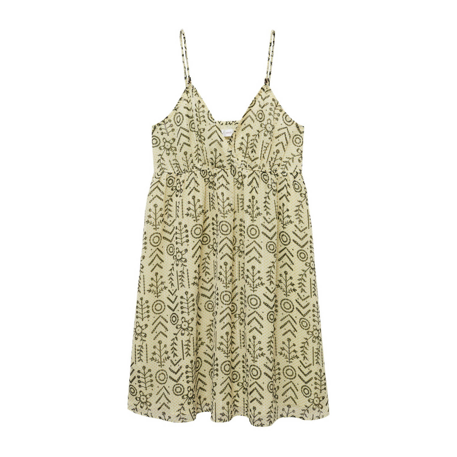 Mango Kids A-lijn jurk met all over print groengeel Meisjes Polyester V-hals 152(XXS)