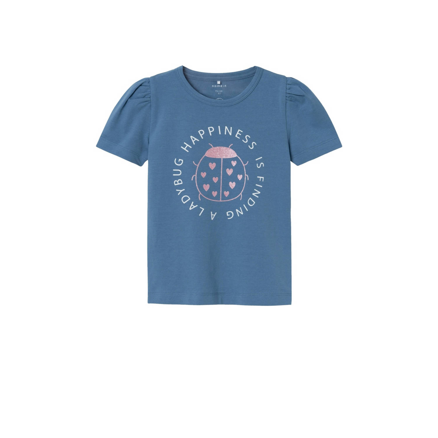 Name it MINI T-shirt NMFFAYE met printopdruk en glitters middenblauw Meisjes Biologisch katoen Ronde hals 122 128