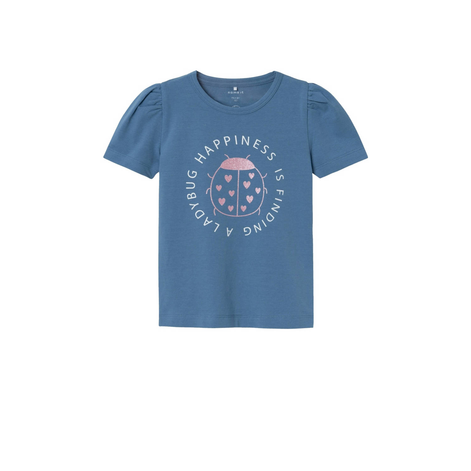 Name it MINI T-shirt NMFFAYE met printopdruk en glitters middenblauw Meisjes Katoen Ronde hals 122 128