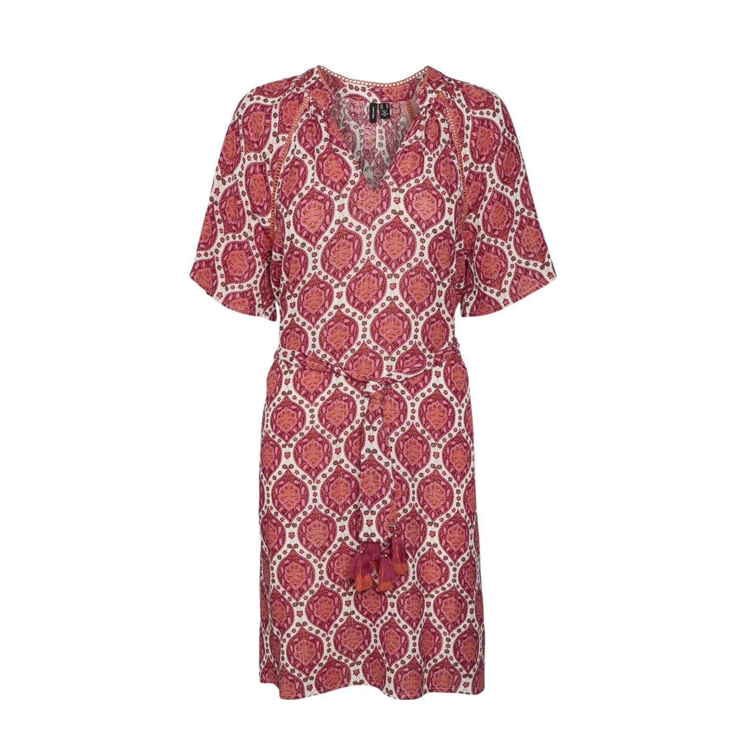 VERO MODA jurk met all over print en ceintuur roze ecru