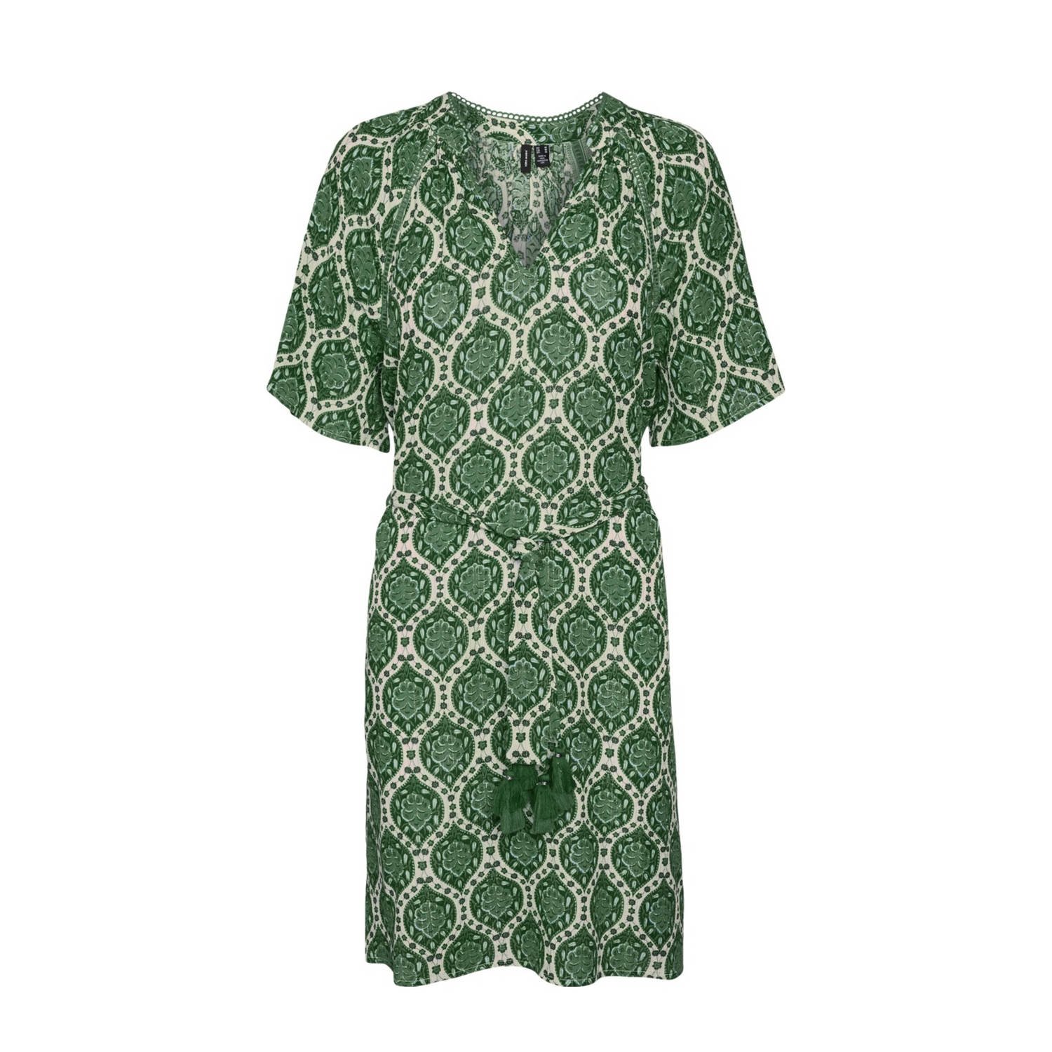 VERO MODA jurk met all over print en ceintuur groen ecru