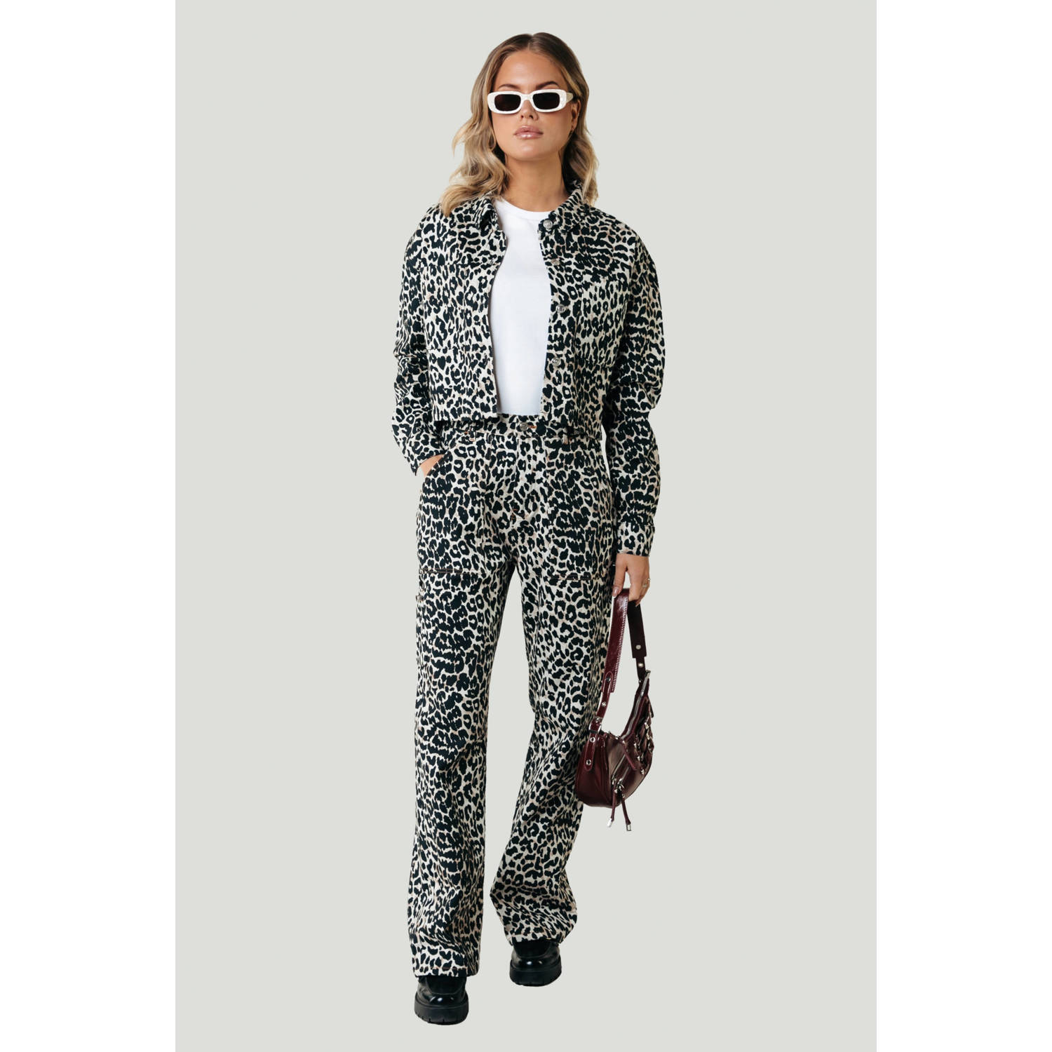Colourful Rebel spijkerjasje met panterprint zwart beige
