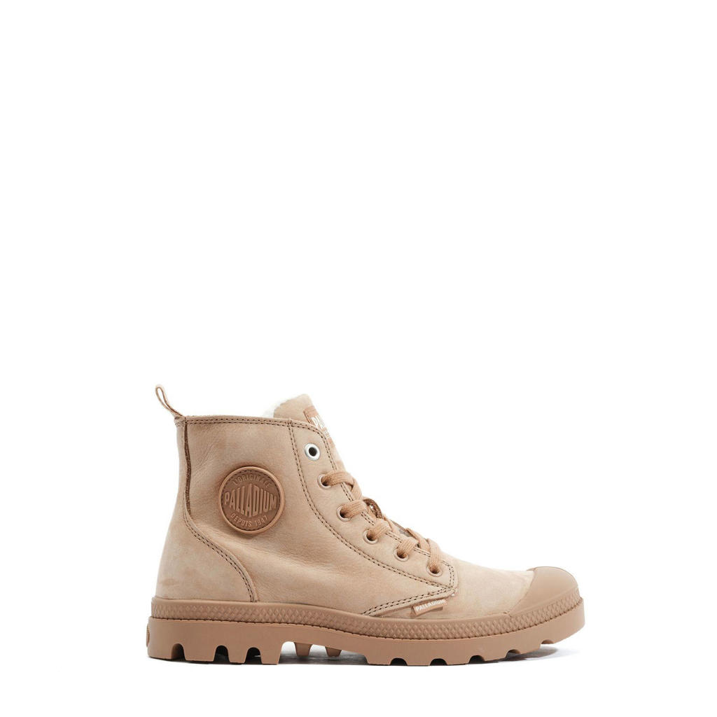 Beige dames Palladium Pampa Hi Zip Wool leren sneakers met veters en effen