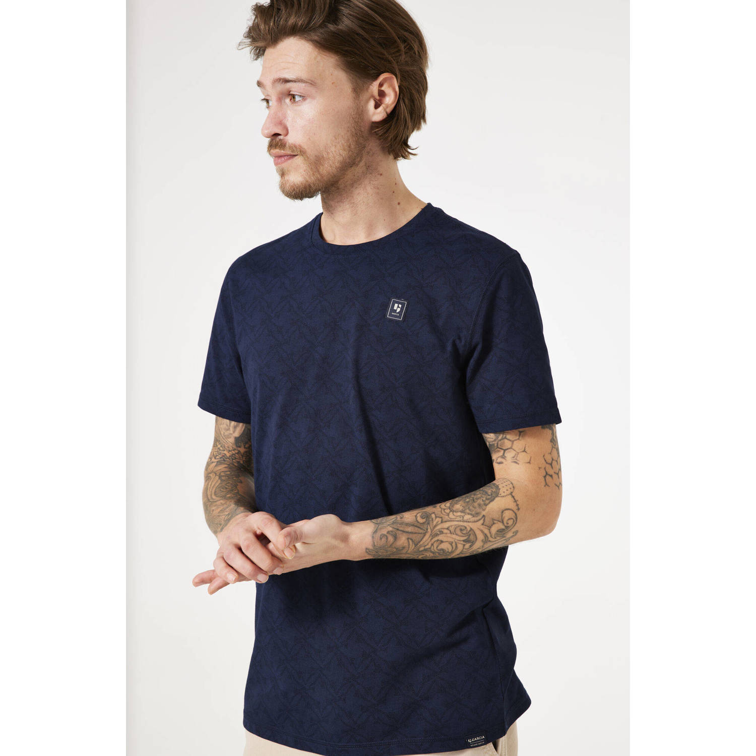 Garcia T-shirt met all over print donkerblauw