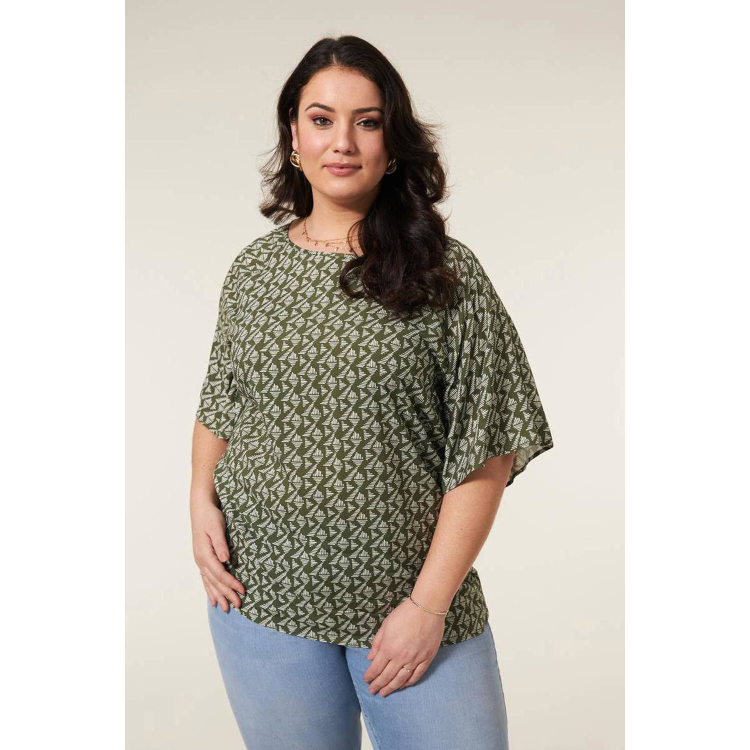 Miss Etam Plus top met all over print groen