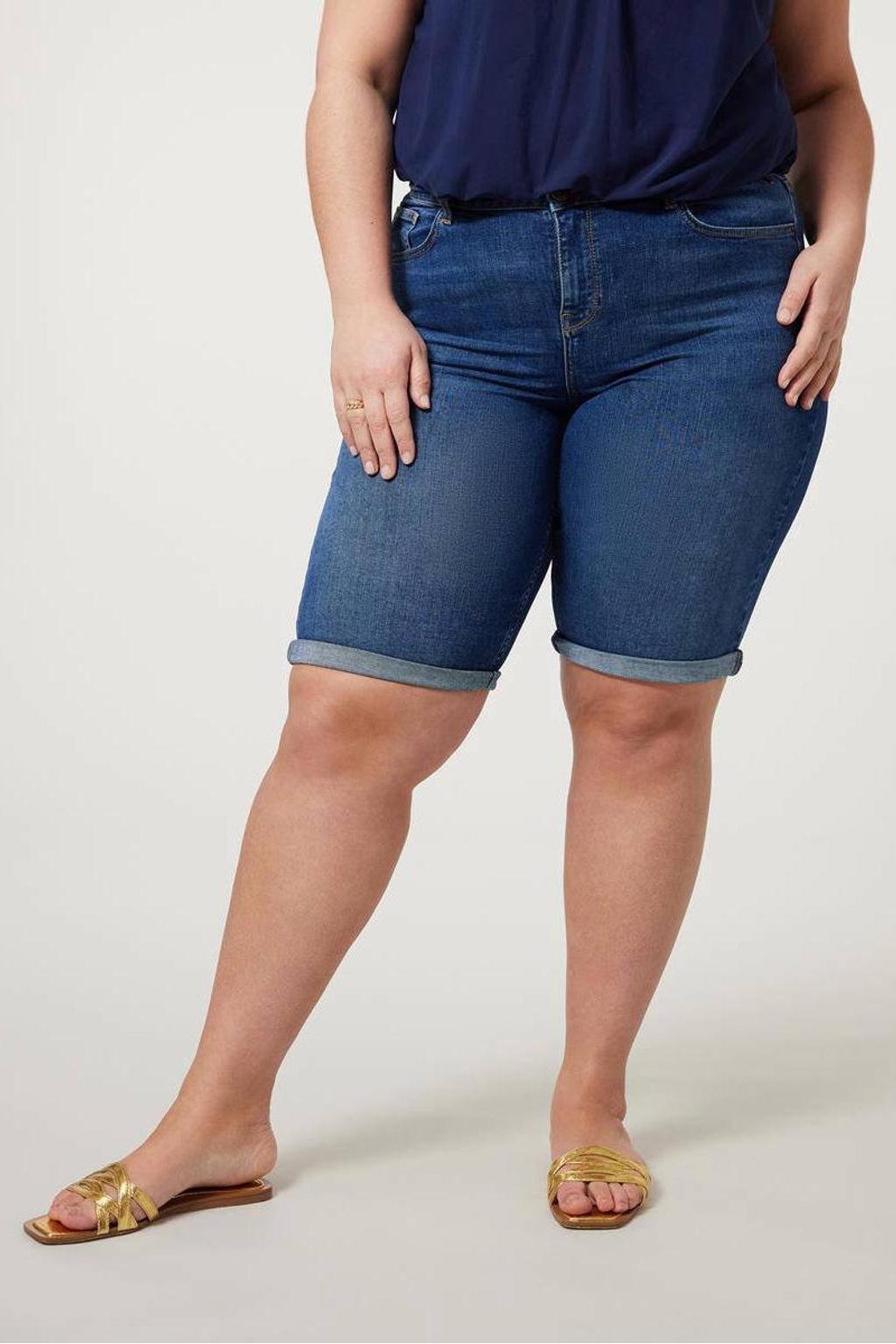 Medium blue denim dames Miss Etam Plus high waist slim fit short met effen