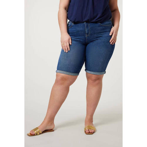 Miss Etam Plus high waist slim fit short medium blue denim afbeelding