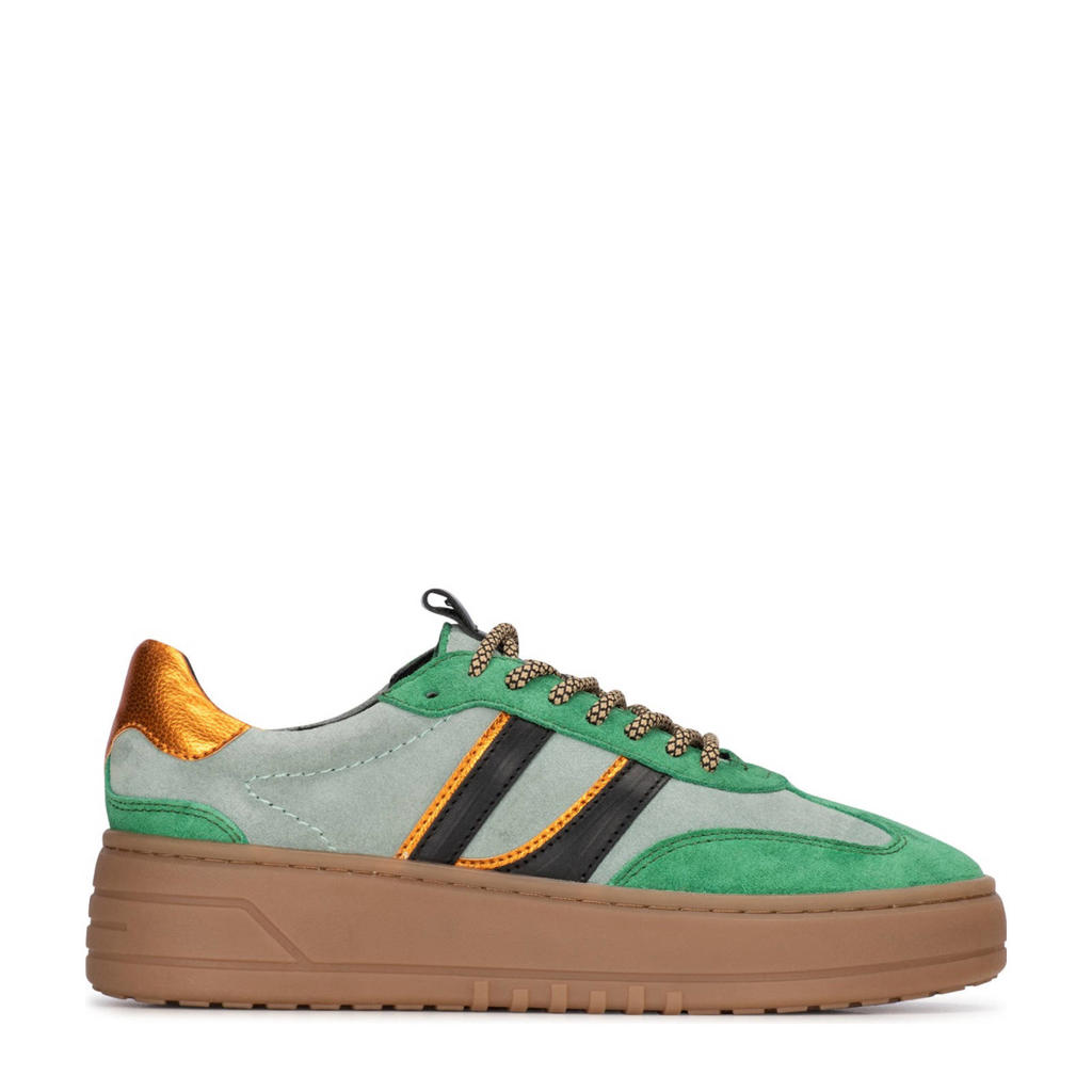 Groene dames PS Poelman Anemone leren sneakers Anemone met plateauzool en veters