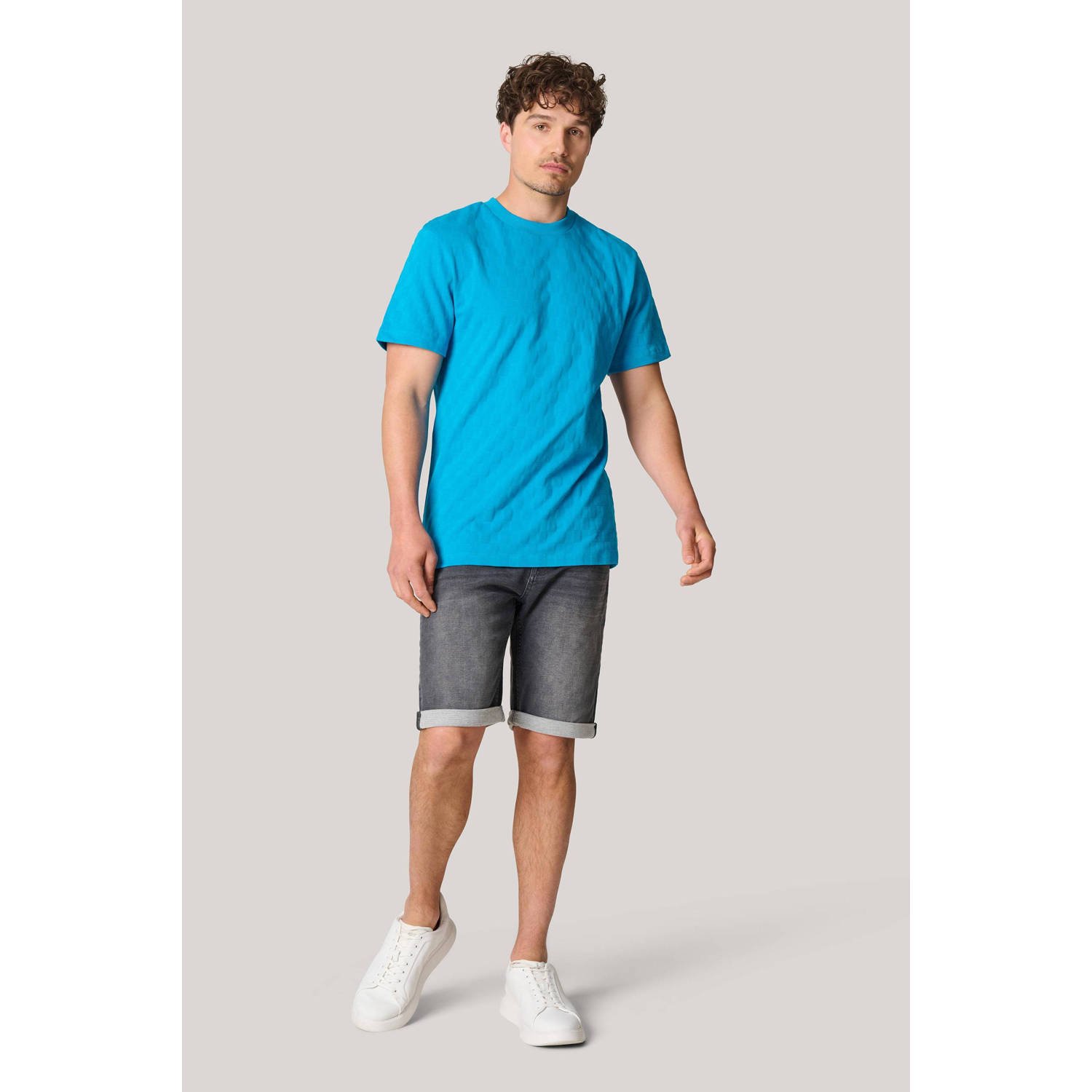 Shoeby gebreid regular fit T-shirt met ingebreid patroon blauw