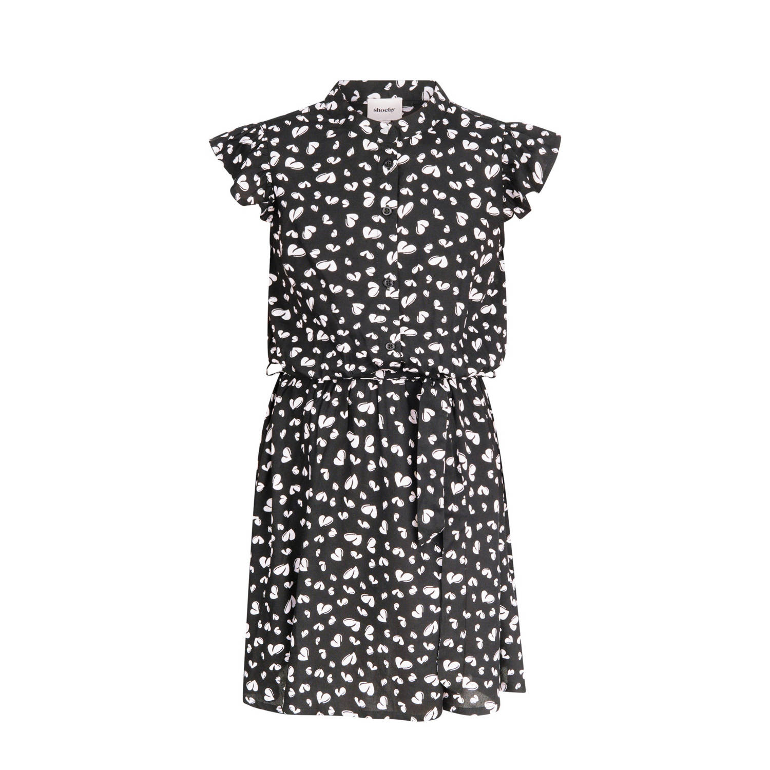 Shoeby jurk met all over print en ruches zwart wit Meisjes Viscose Klassieke kraag 110 116