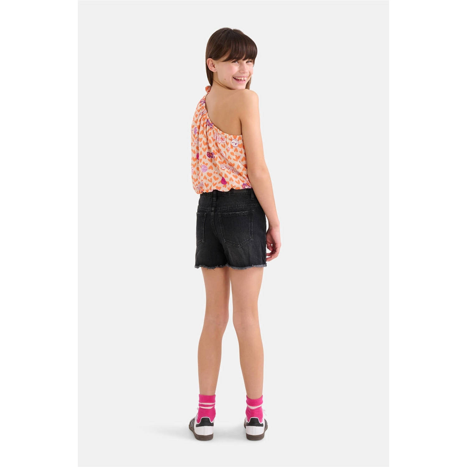 Shoeby one shoulder top met all over print oranje roze wit