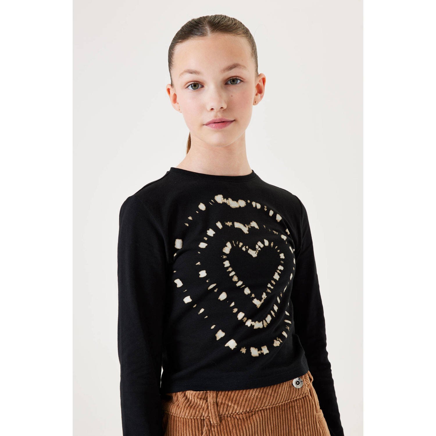 Garcia longsleeve met printopdruk zwart ecru Meisjes Stretchkatoen Ronde hals 140 146