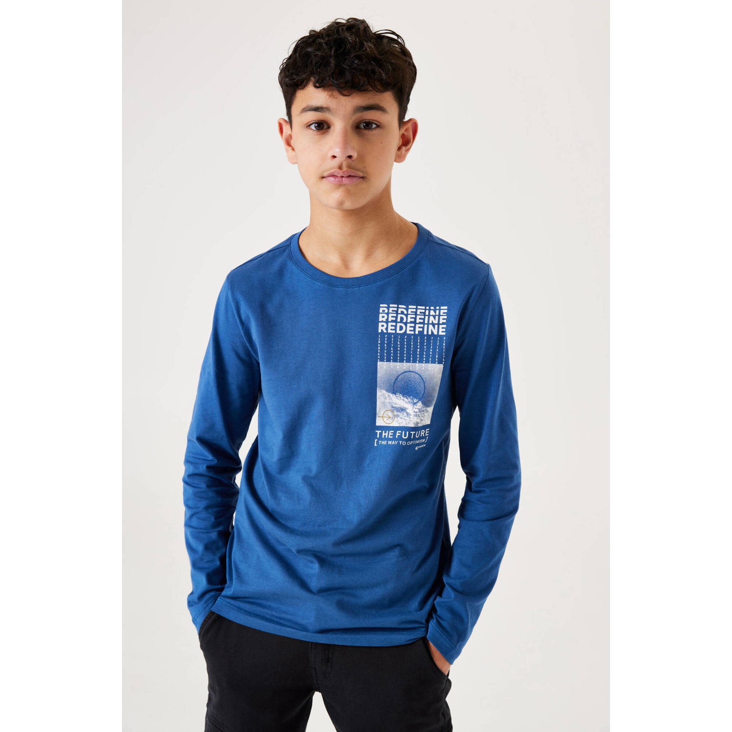 Garcia longsleeve met printopdruk kobalt blauw Jongens Katoen Ronde hals 128 134