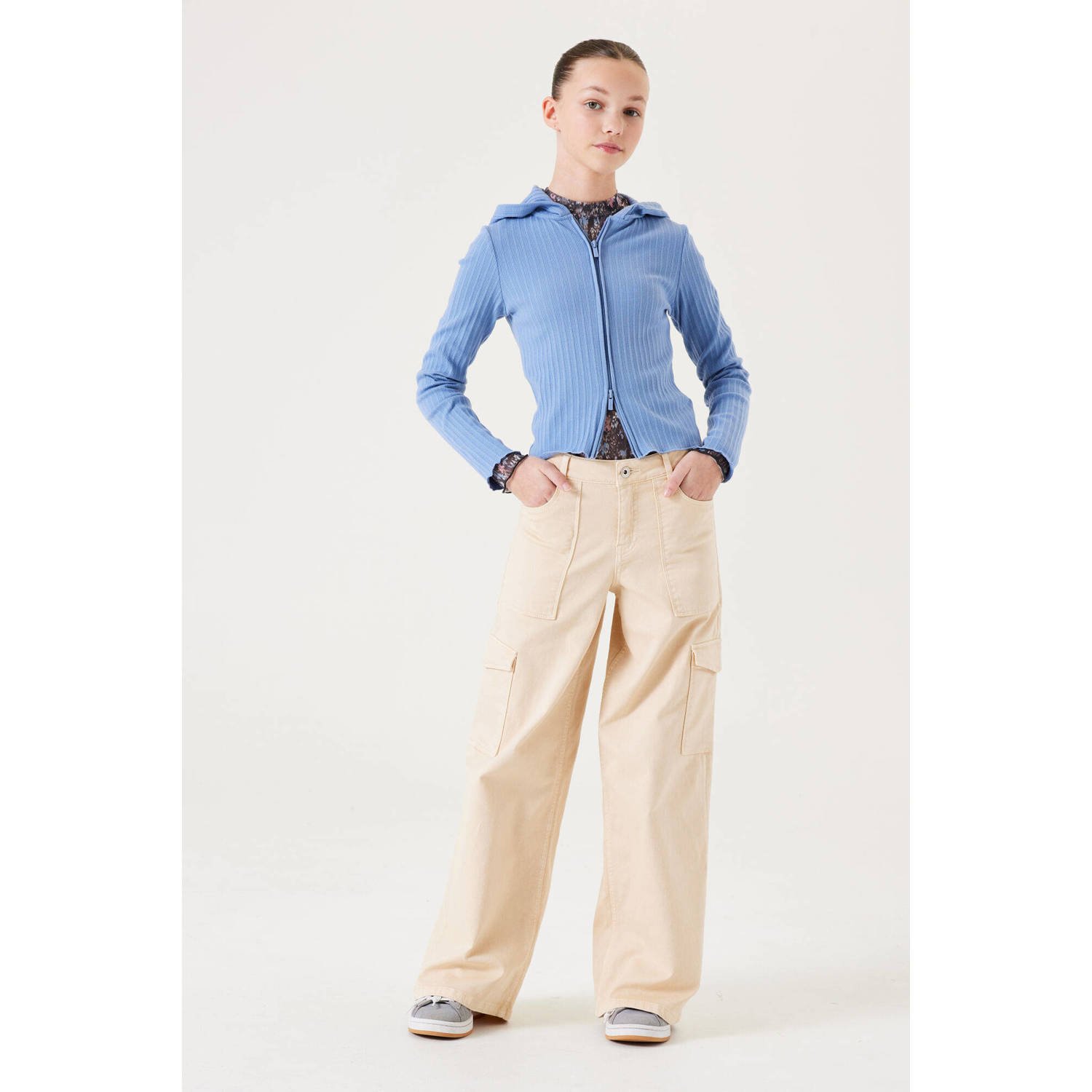 Garcia low waist wide leg cargobroek beige Meisjes Stretchkatoen Effen 128